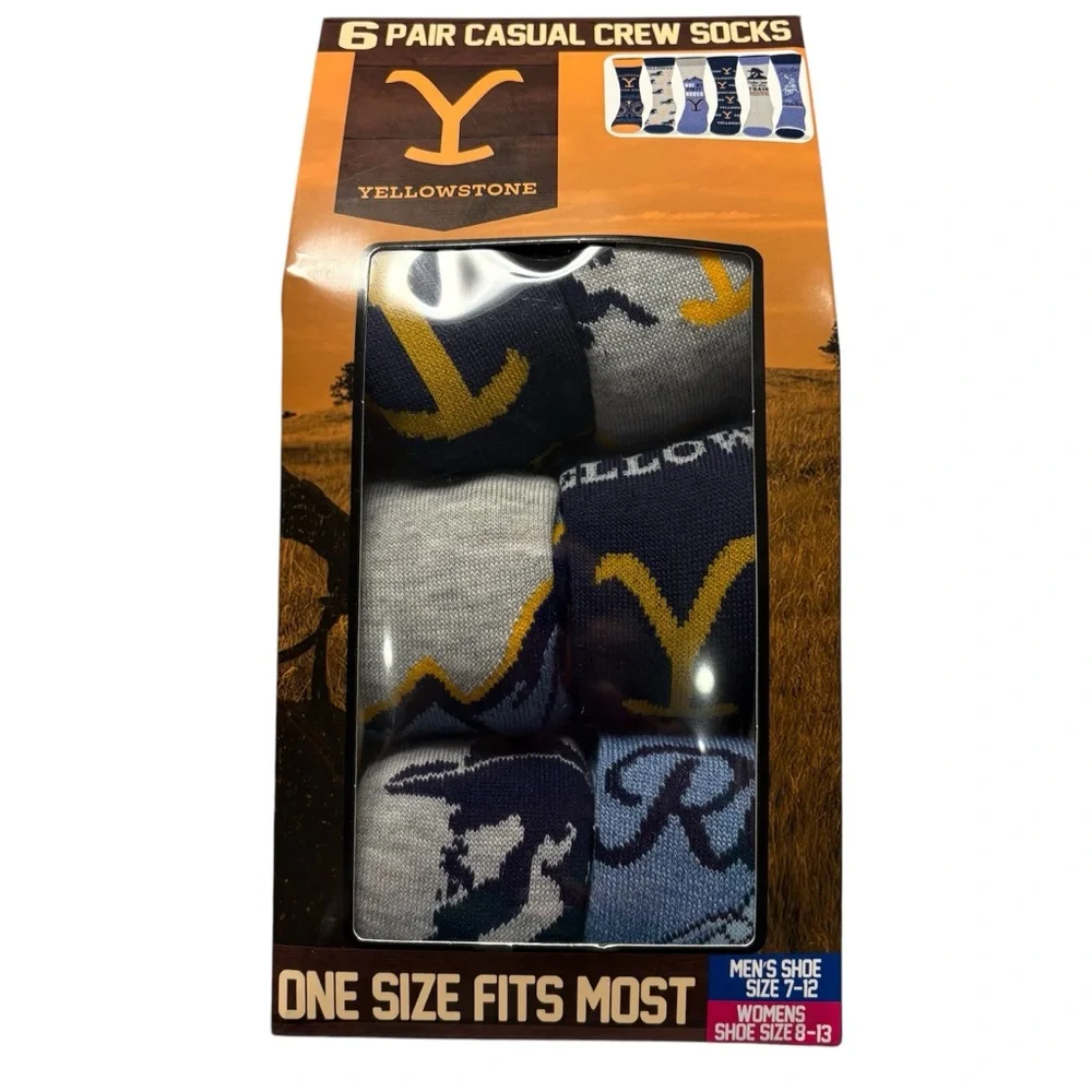 YELLOWSTONE Casual Crew Socks 6‎ Pair Unisex NIB Men 7-12 Women 8-13